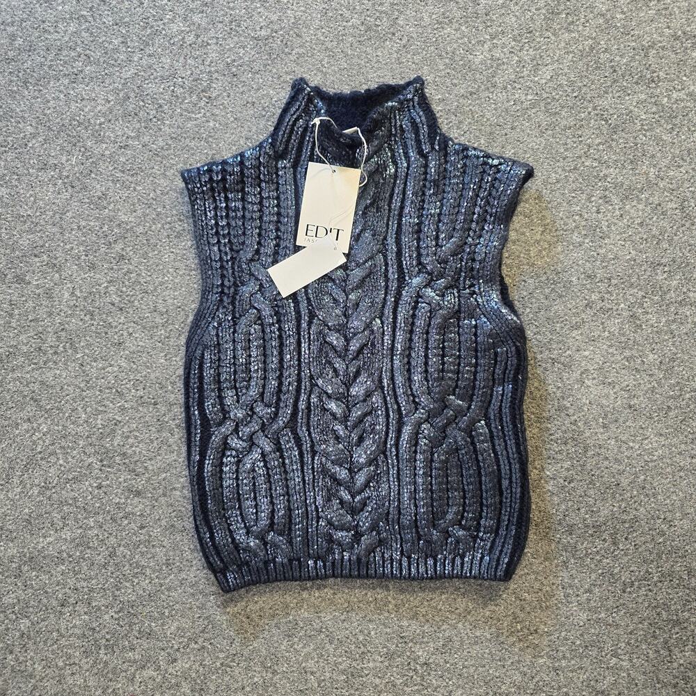 Jason Wu Edit Sweater Womens Size Medium Blue Vest Cable Knit Shimmer Casual